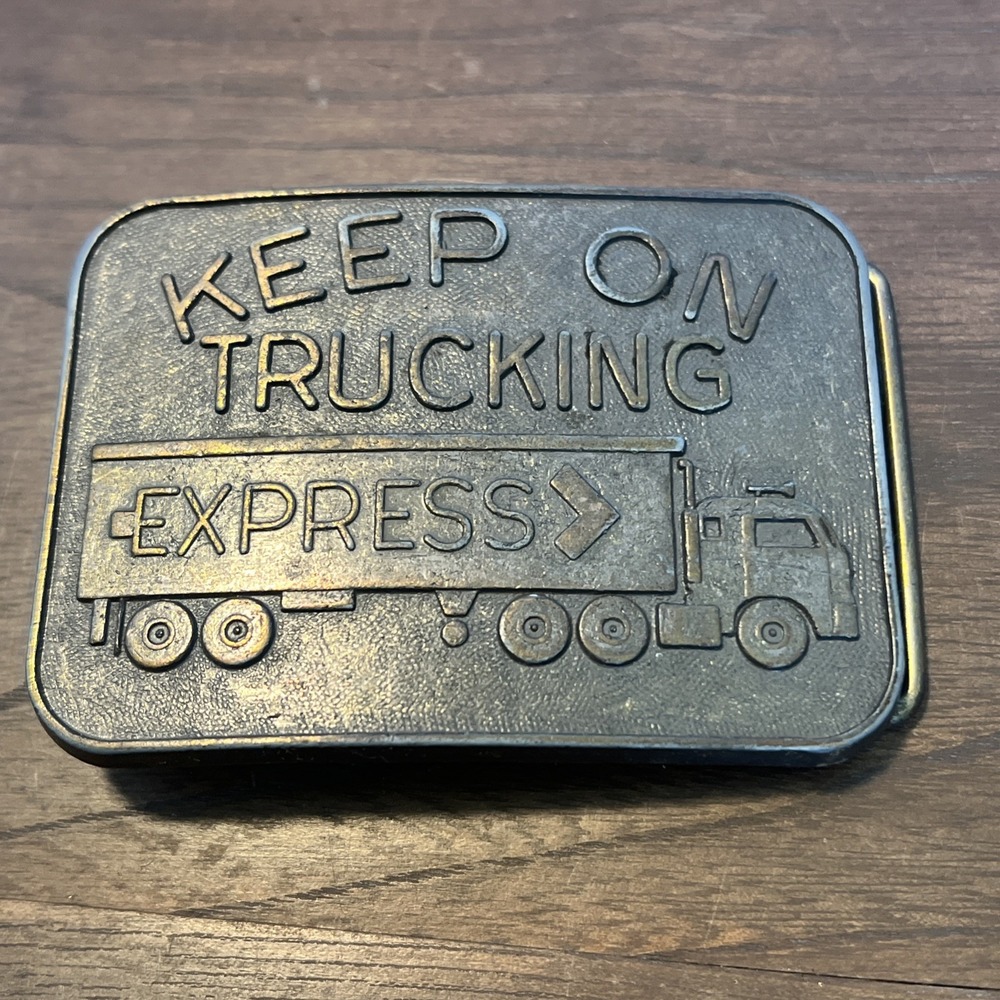 Vintage 70s Keep on Trucking Express Semi Truck Belt Buckle Brass 3x2.25